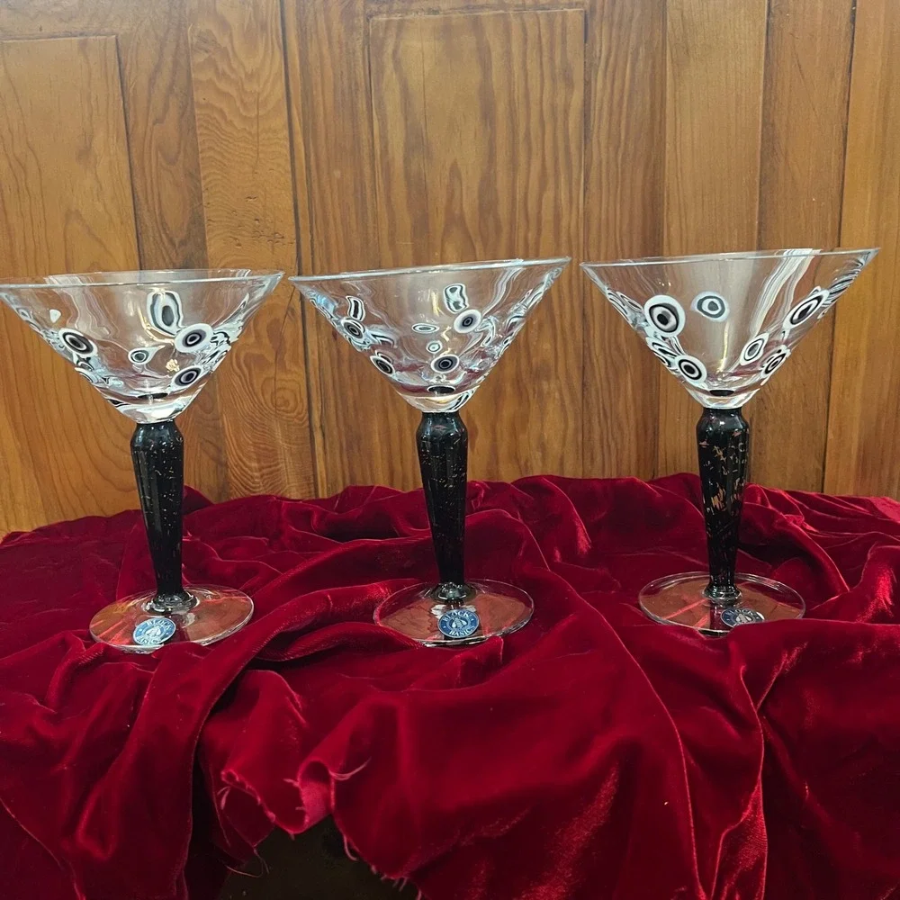 Murano Millefiori Hand Blown Martini Glasses Black White Murrine‎ Stem